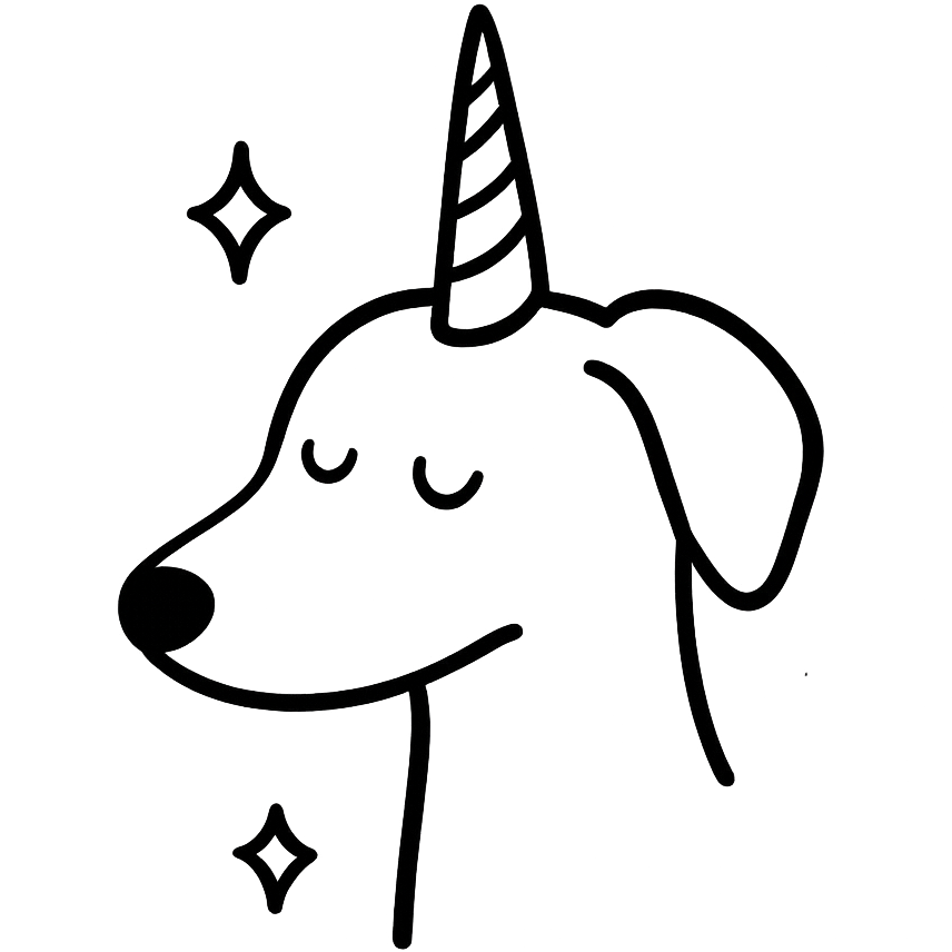 Hand-drawn illustration of a peaceful dog with a unicorn horn