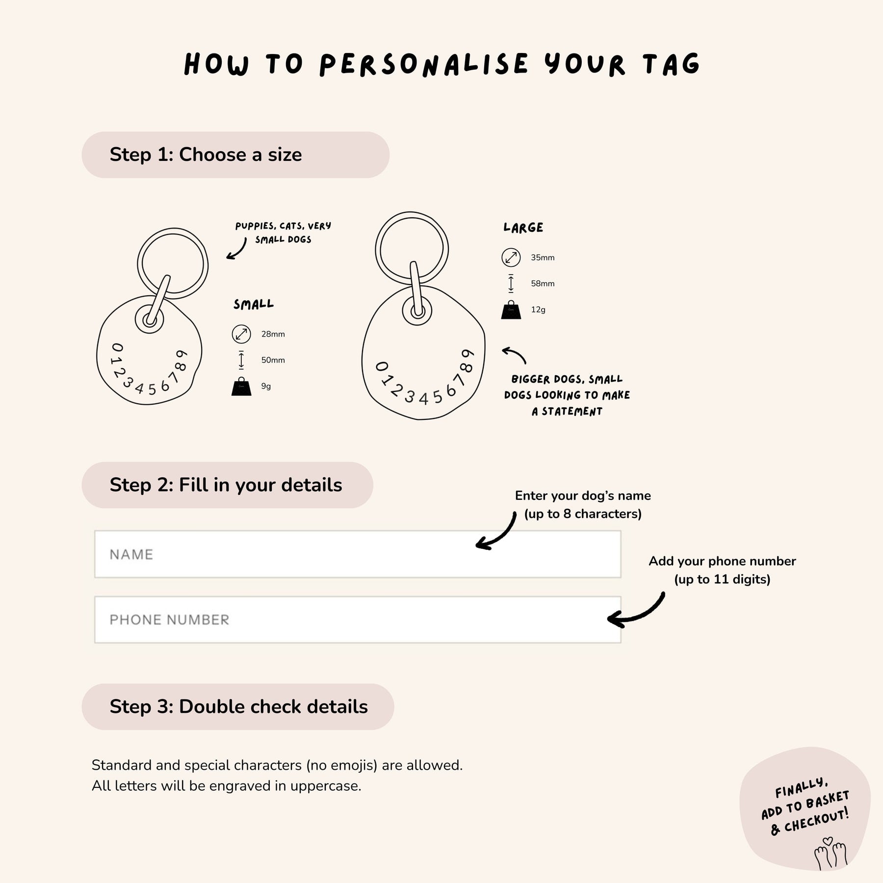 Instructions on how a personalised dog ID tag can be customised with size selection, name entry, and phone number