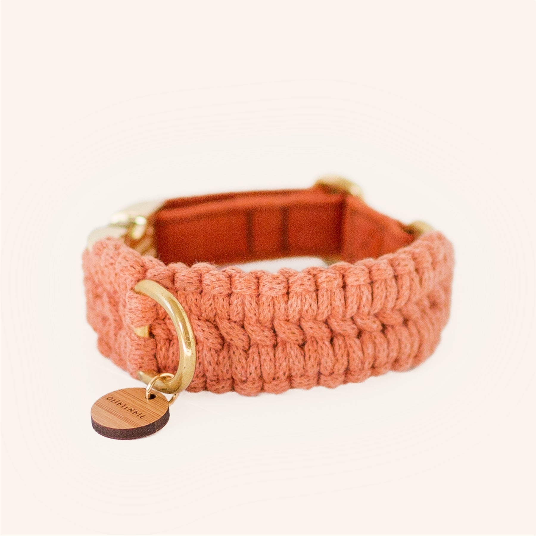 orange terracotta natural macrame dog collar in recycled cotton with gold details