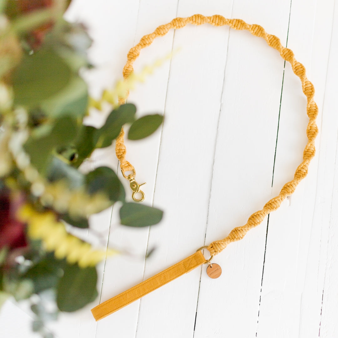 Yellow macrame dog leash with a bamboo tag on a white wooden surface with blurred greenery