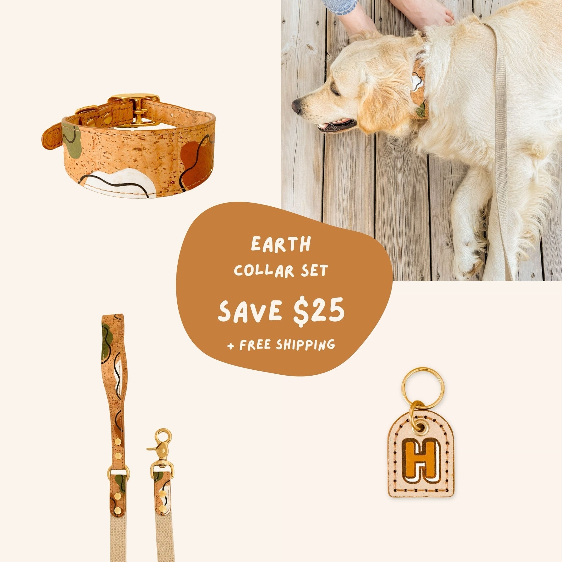 Cork leather dog collar set featuring natural dog collar, leash, and personalized name tag made in Australia