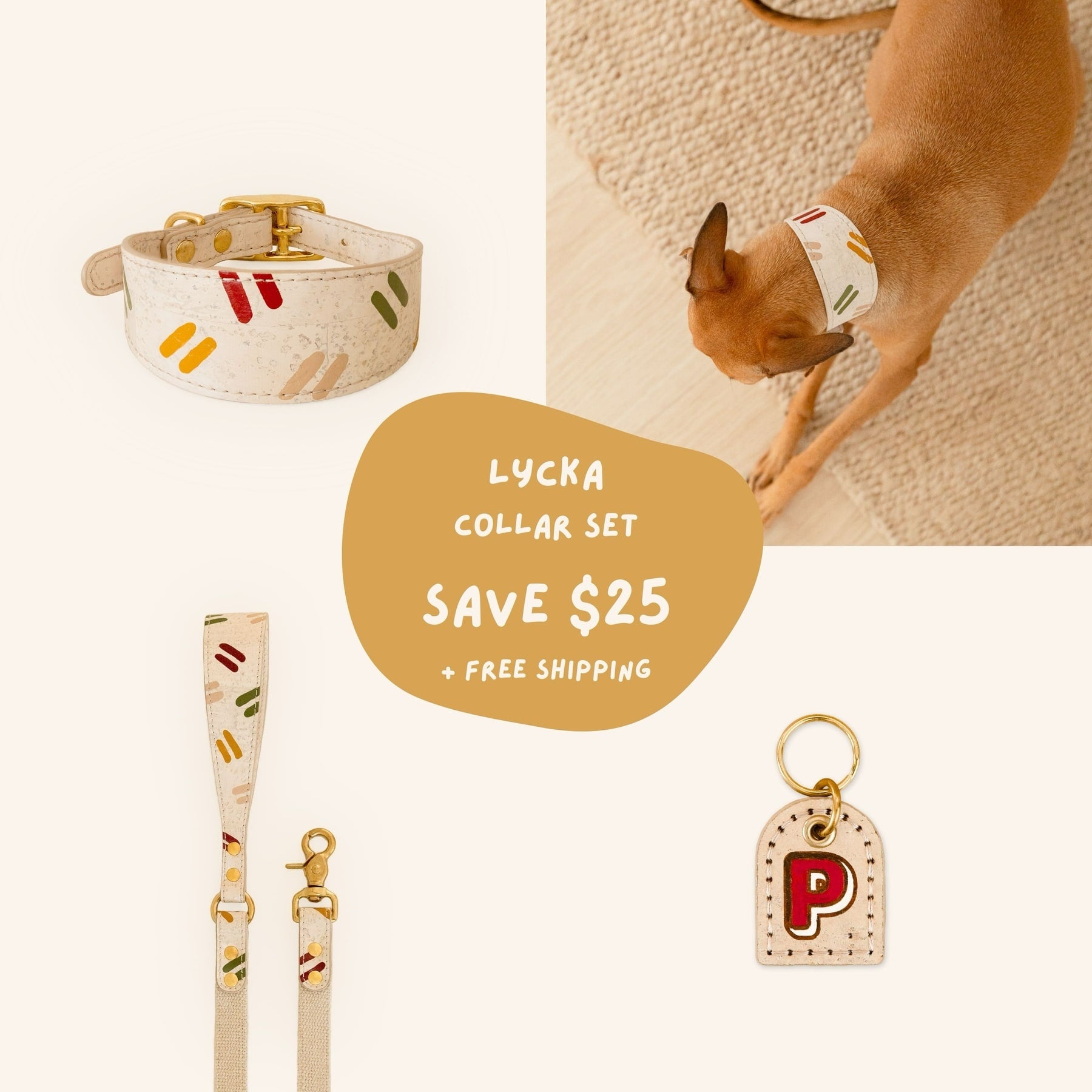 Cork leather dog collar set, featuring a natural collar, leash, and personalized name tag made in Australia