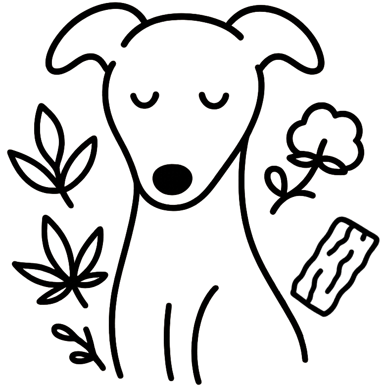 peaceful dog beside natural plant materials, hand-drawn illustration