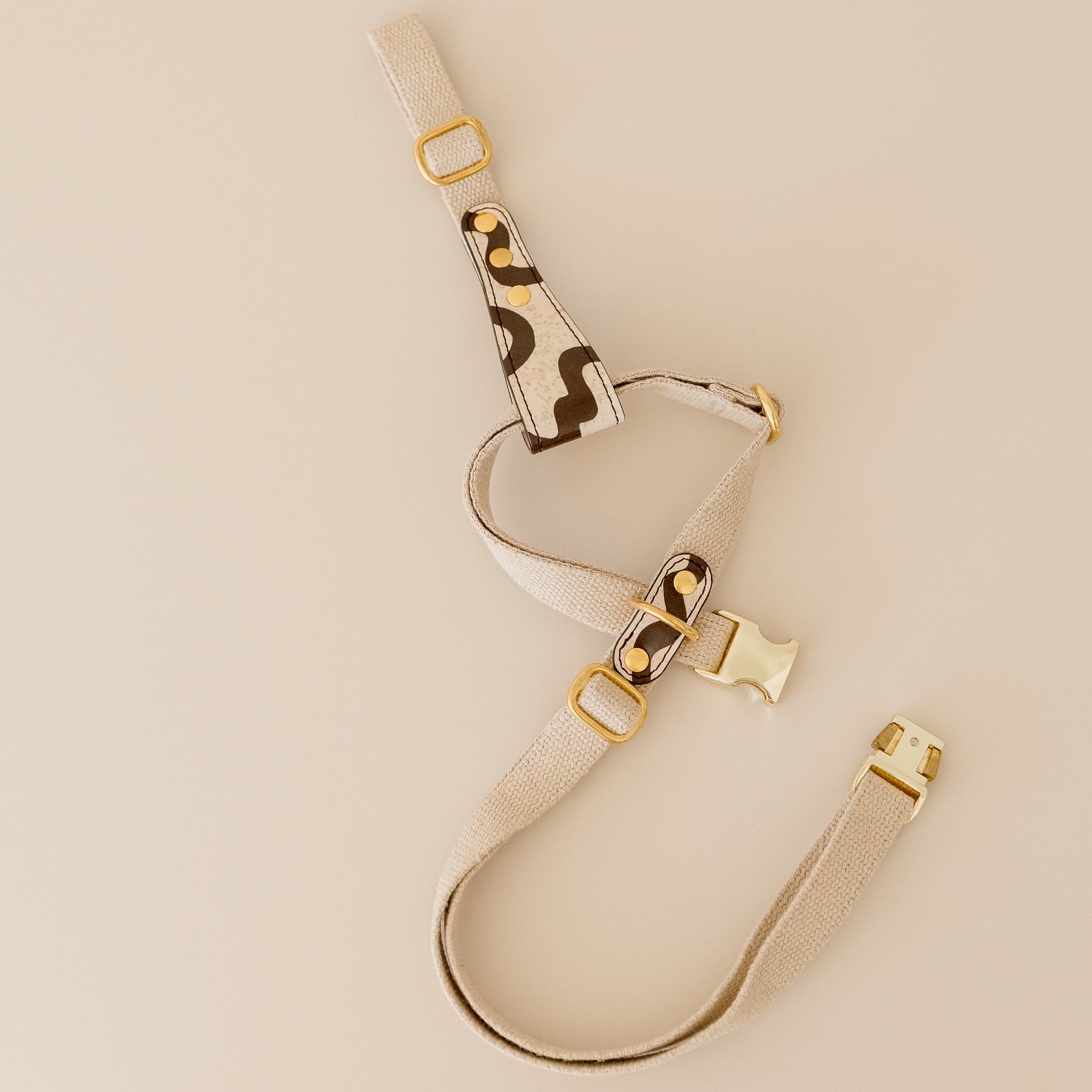 australian made dog harness in vegan cork leather and organic hemp with solid brass hardware, made for small and medium dogs, detail