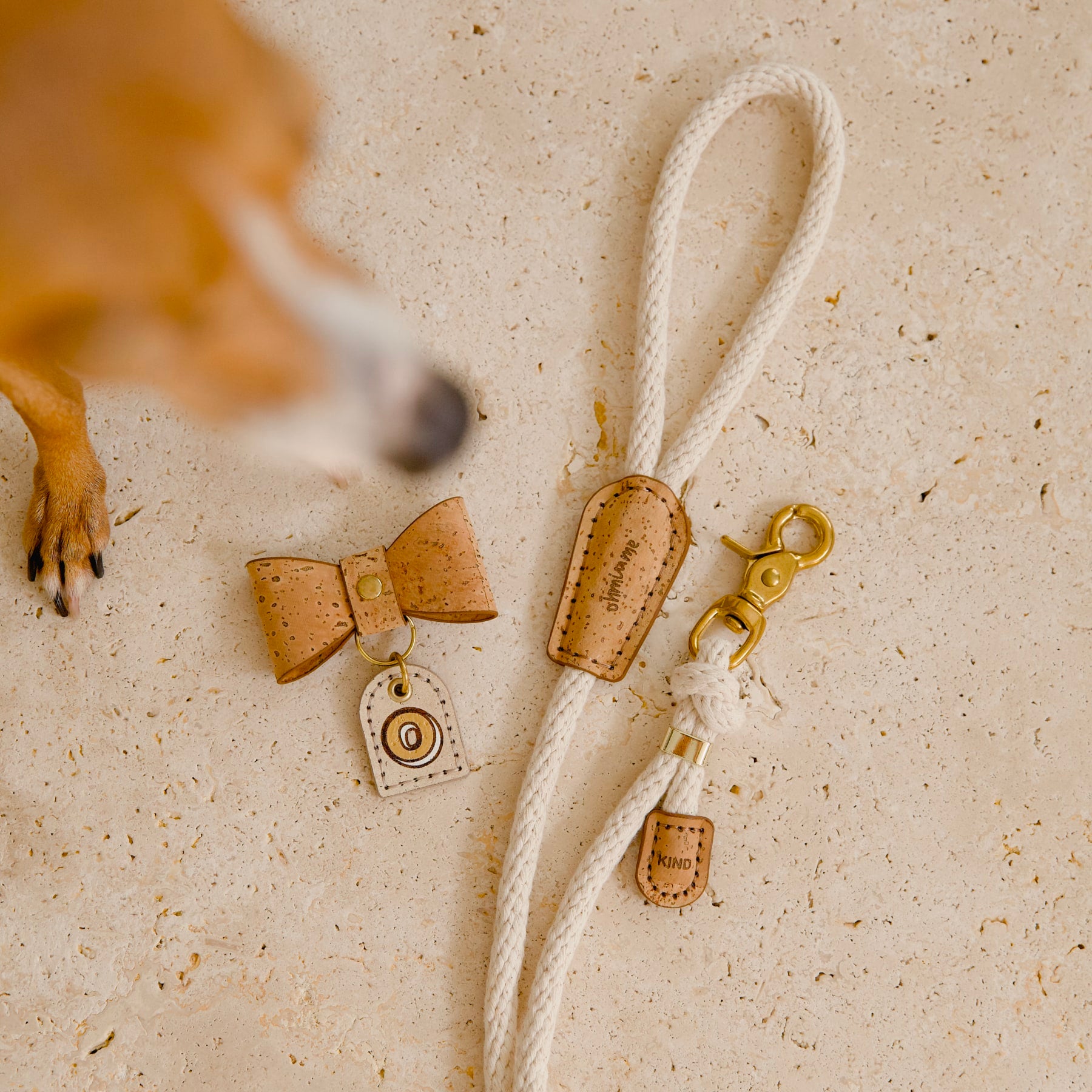 Brown tan dog bow tie, personalised name tag with “O” in gold, cotton rope leash with “Be Kind” cork details, brass hardware, small dog overlooking