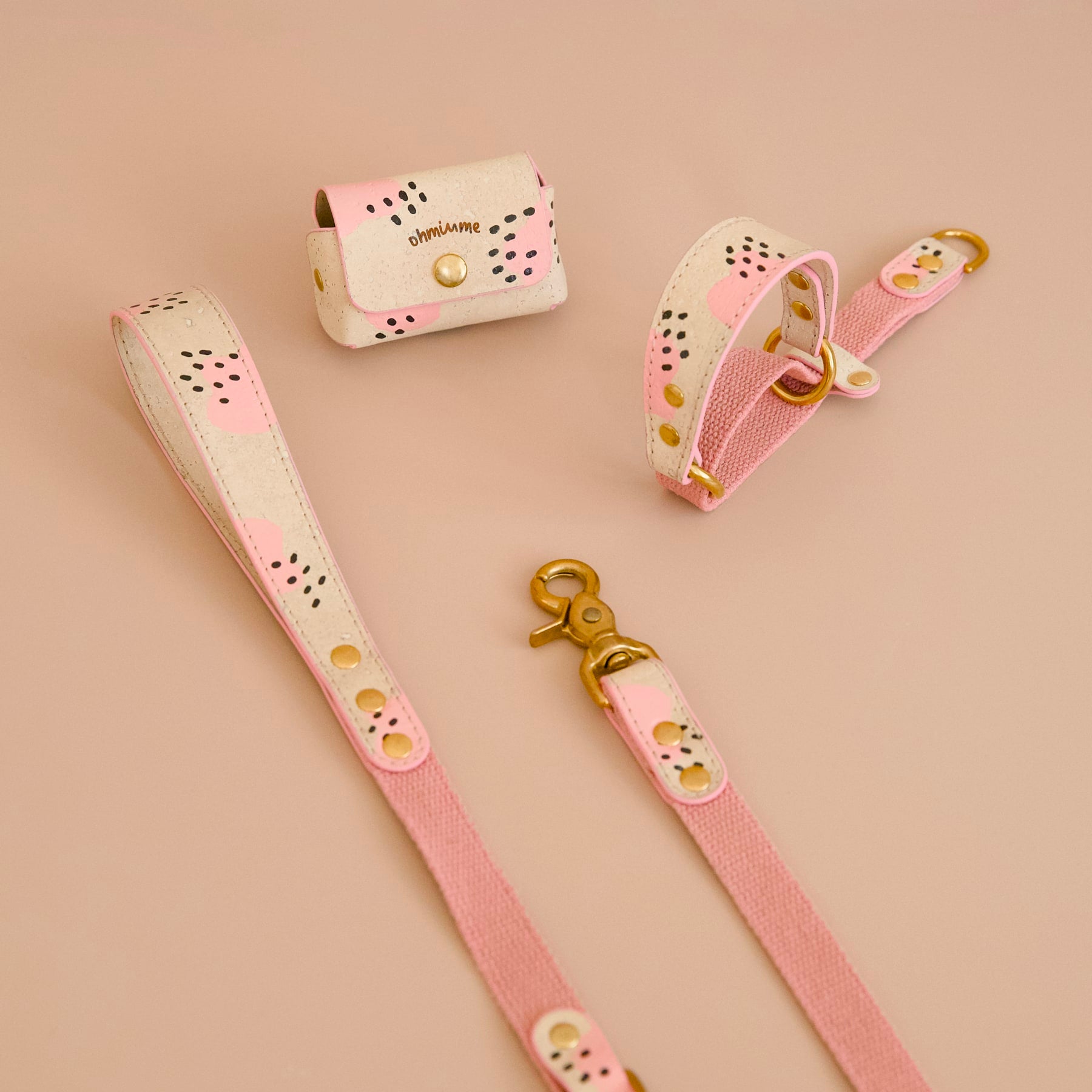 Leather slip collar and dog leash in cork and hemp, pink cork poop bag holder with painted details