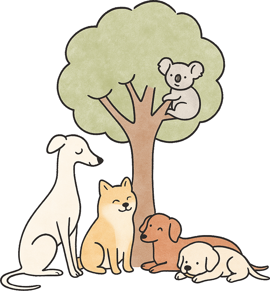 The Ohminme dog hanging out with friends under a tree, koala sitting on a branch