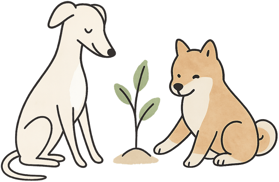 The Ohminme dog and Shiba Inu friend planting a tree together
