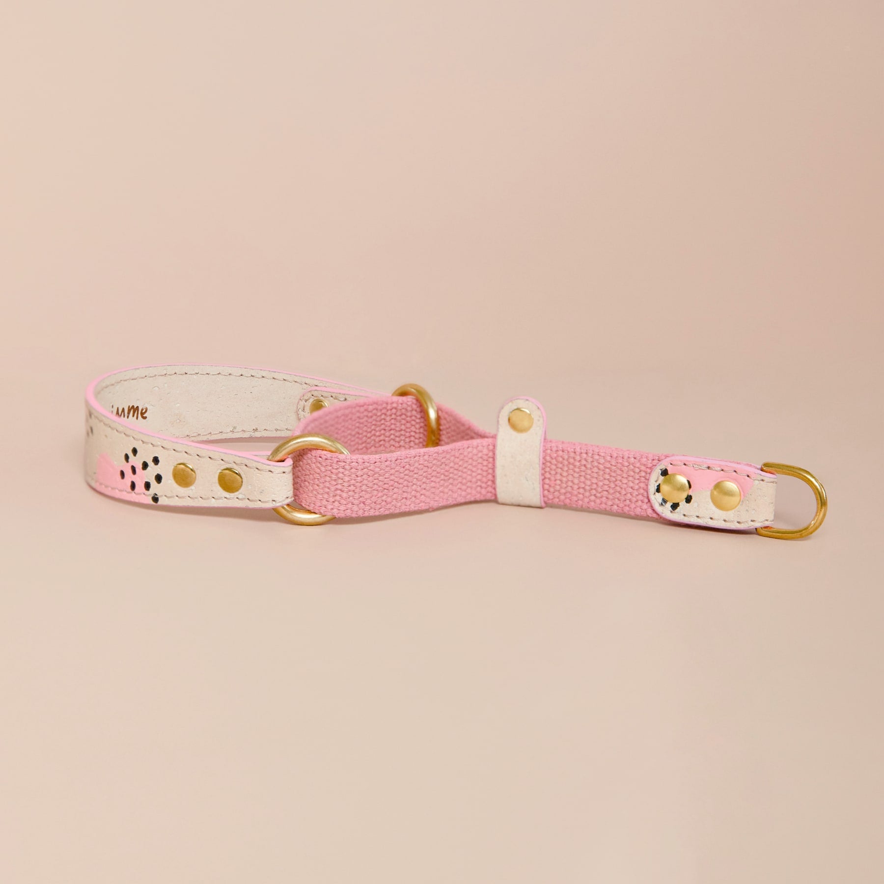 Pink dog slip collar in cork leather and organic hemp, brass hardware