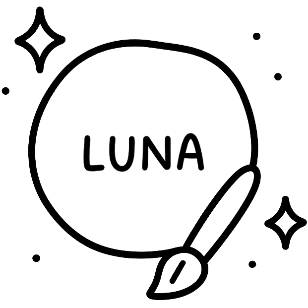 Hand-drawn illustration of a personalised dog name tag with “Luna” and a paintbrush beside it
