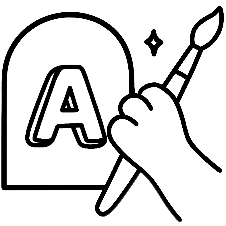 Hand-drawn illustration of a dog paw holding a paintbrush next to a monogram name tag with the letter “A”