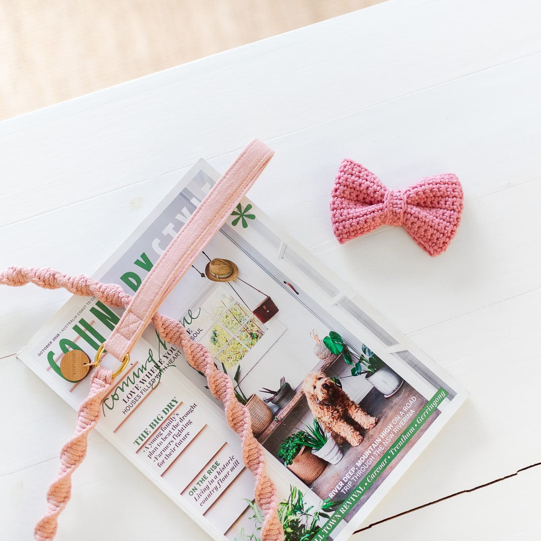 pink dog leash and dog bow tie in natural materials on top of a magazine