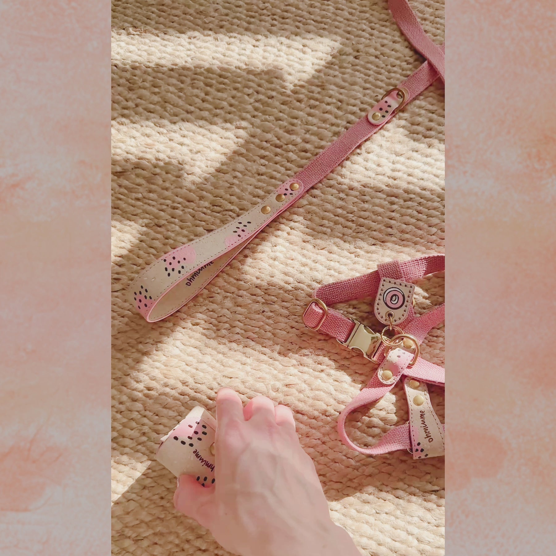 Showing pink poop bag holder with Wild Rose painted details, matching cork and hemp cross harness, dog leash, and name tag