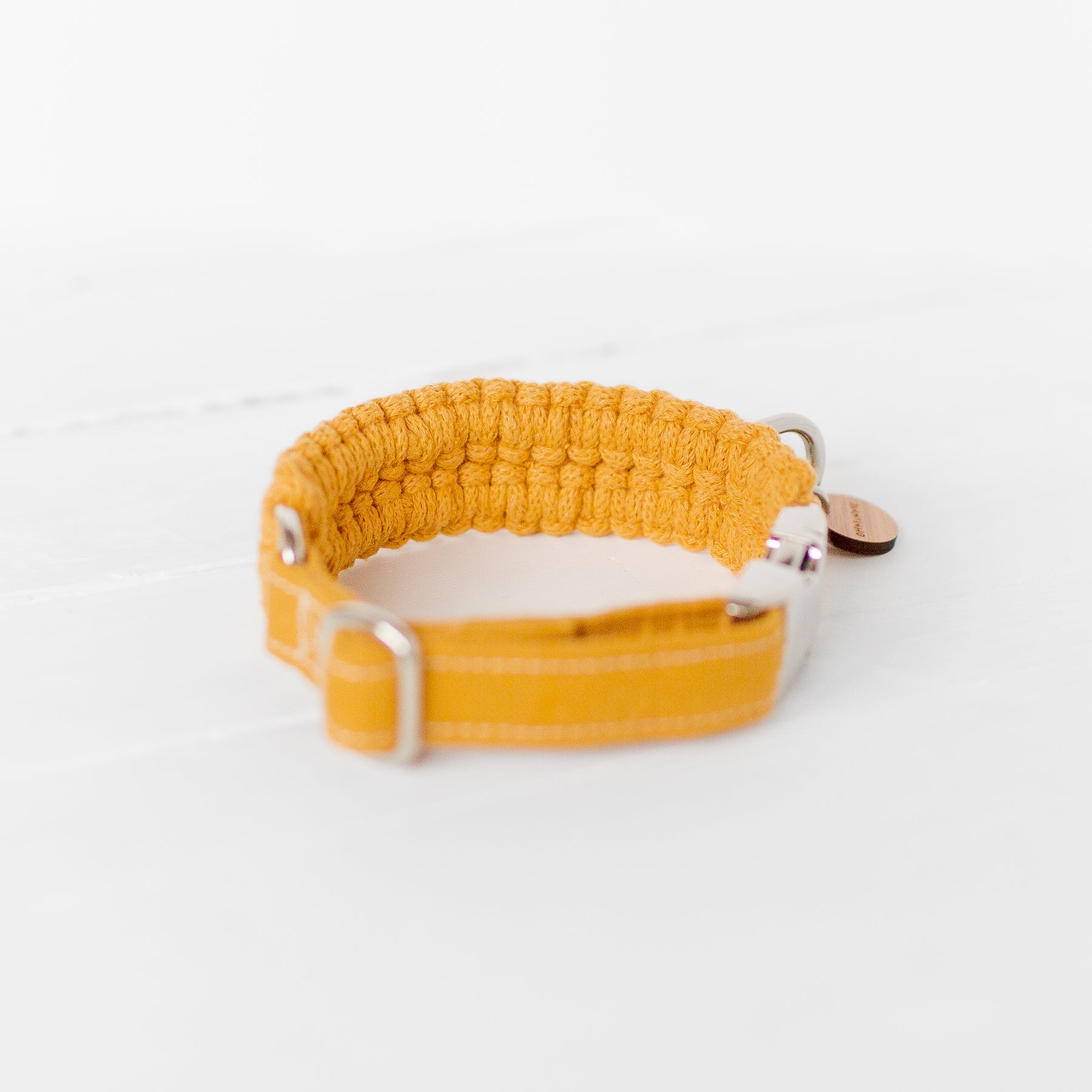 macrame dog collar in mustard yellow with silver hardware and bamboo tag