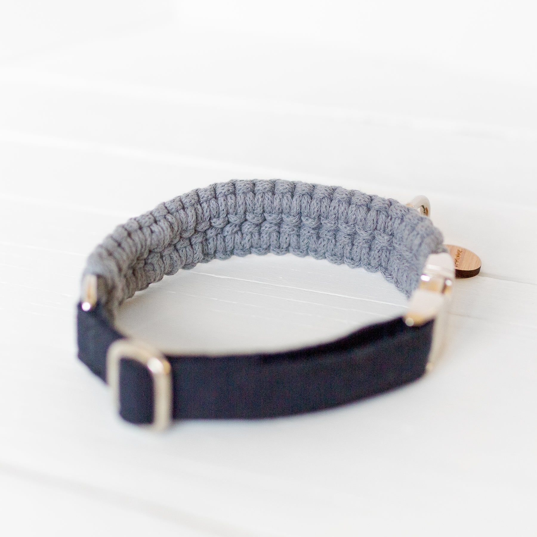 macrame dog collar in navy and grey with silver hardware