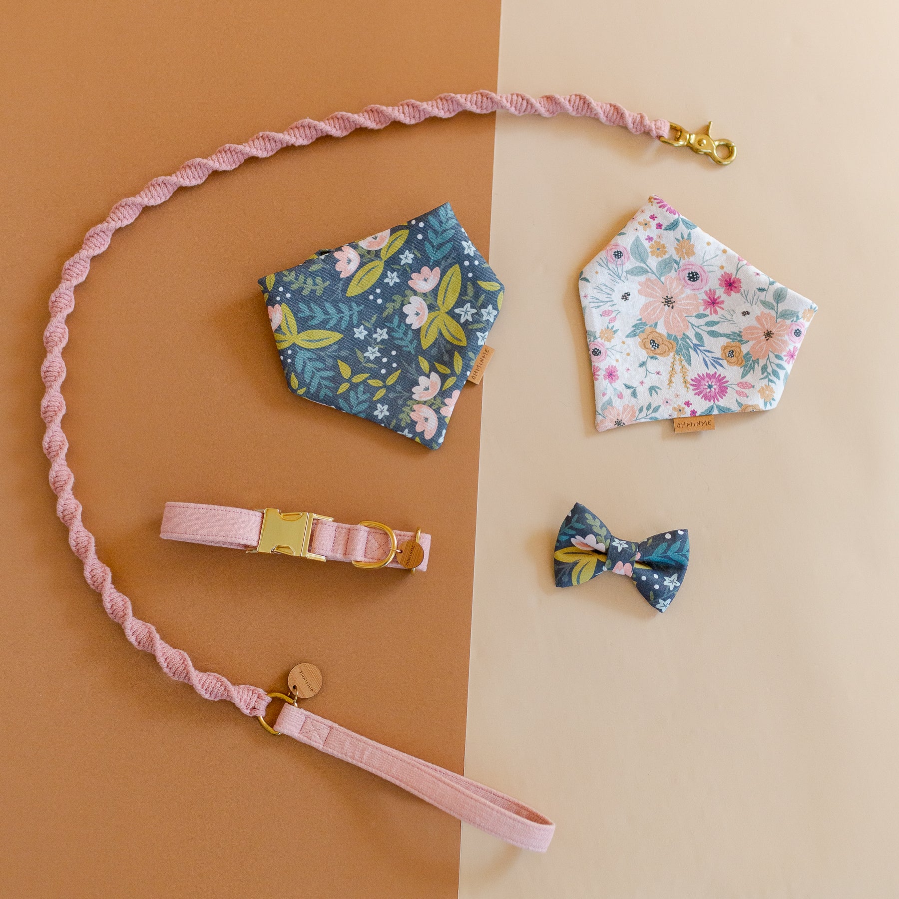 pink macrame dog leash with matching collar, styled with cotton dog bandanas and organic cotton dog bow tie