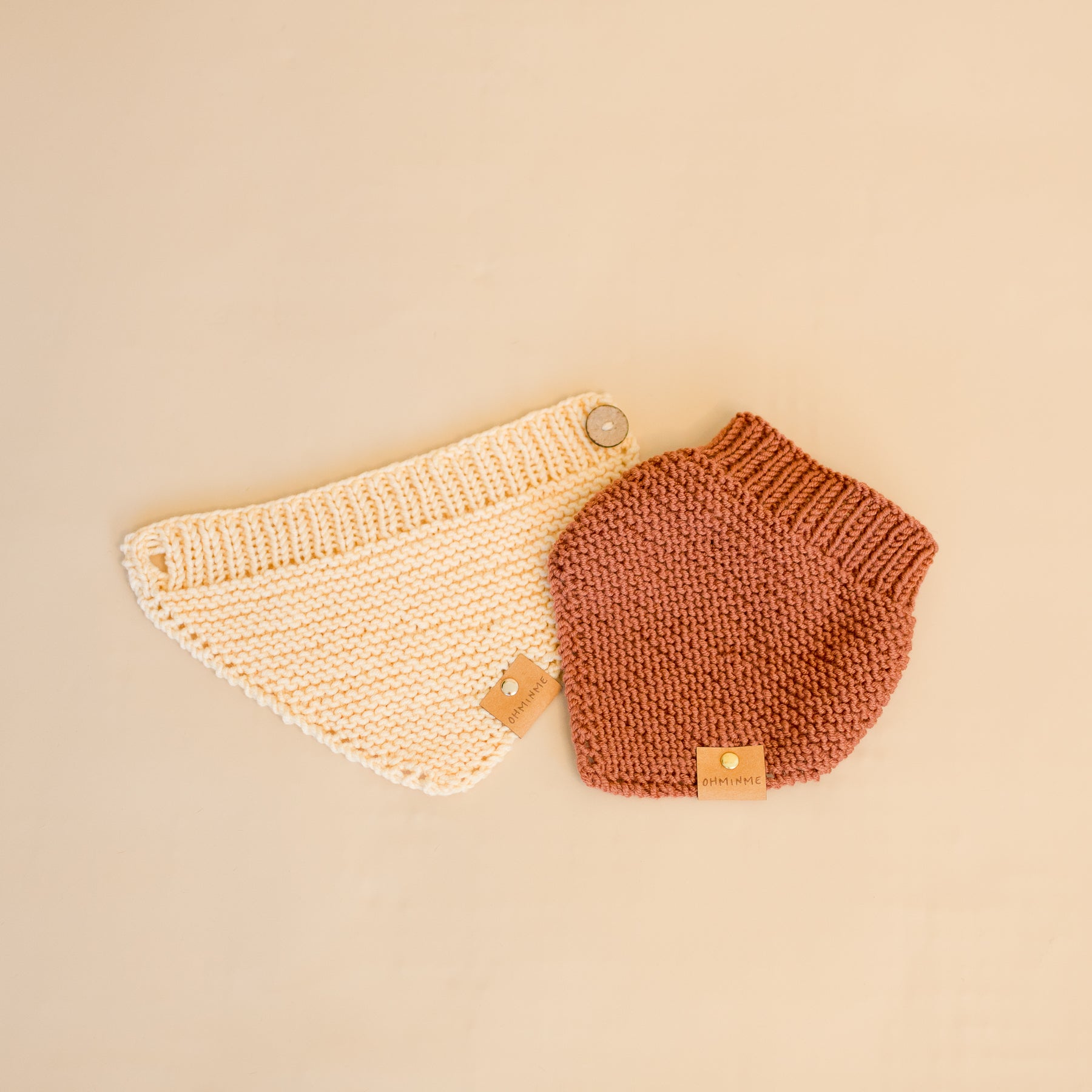 knitted organic wool pet bandanas in soft yellow and brown