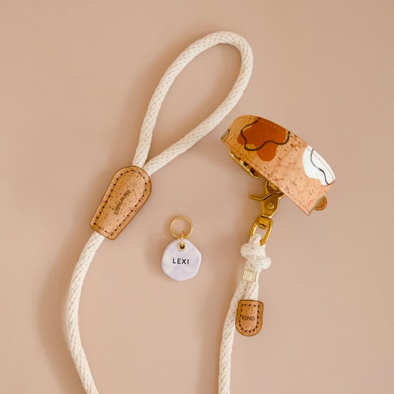 Brown vegan leather dog collar with cotton rope leash and purple marble-look ID tag