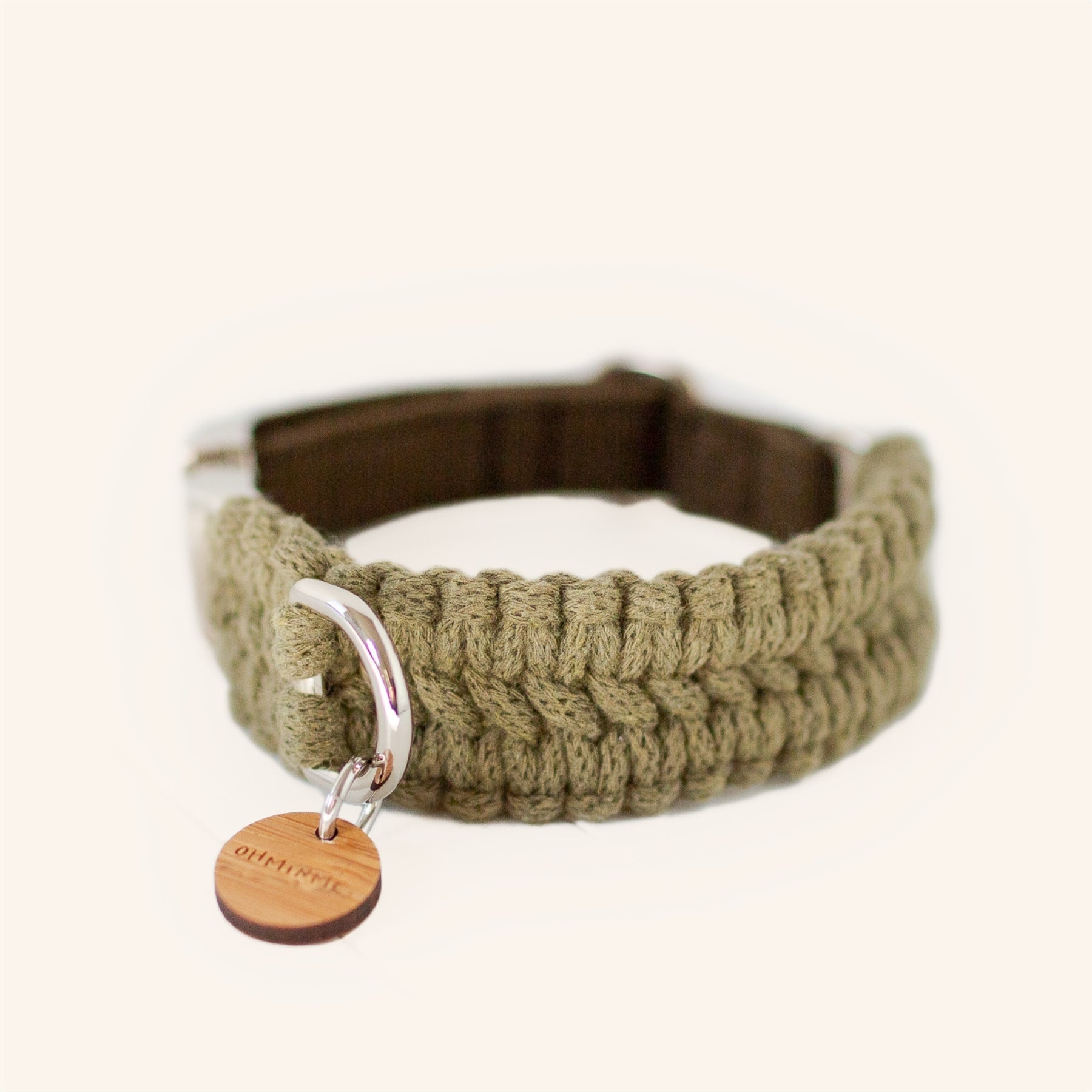 macrame dog collar in green recycled cotton with silver hardware and bamboo tag