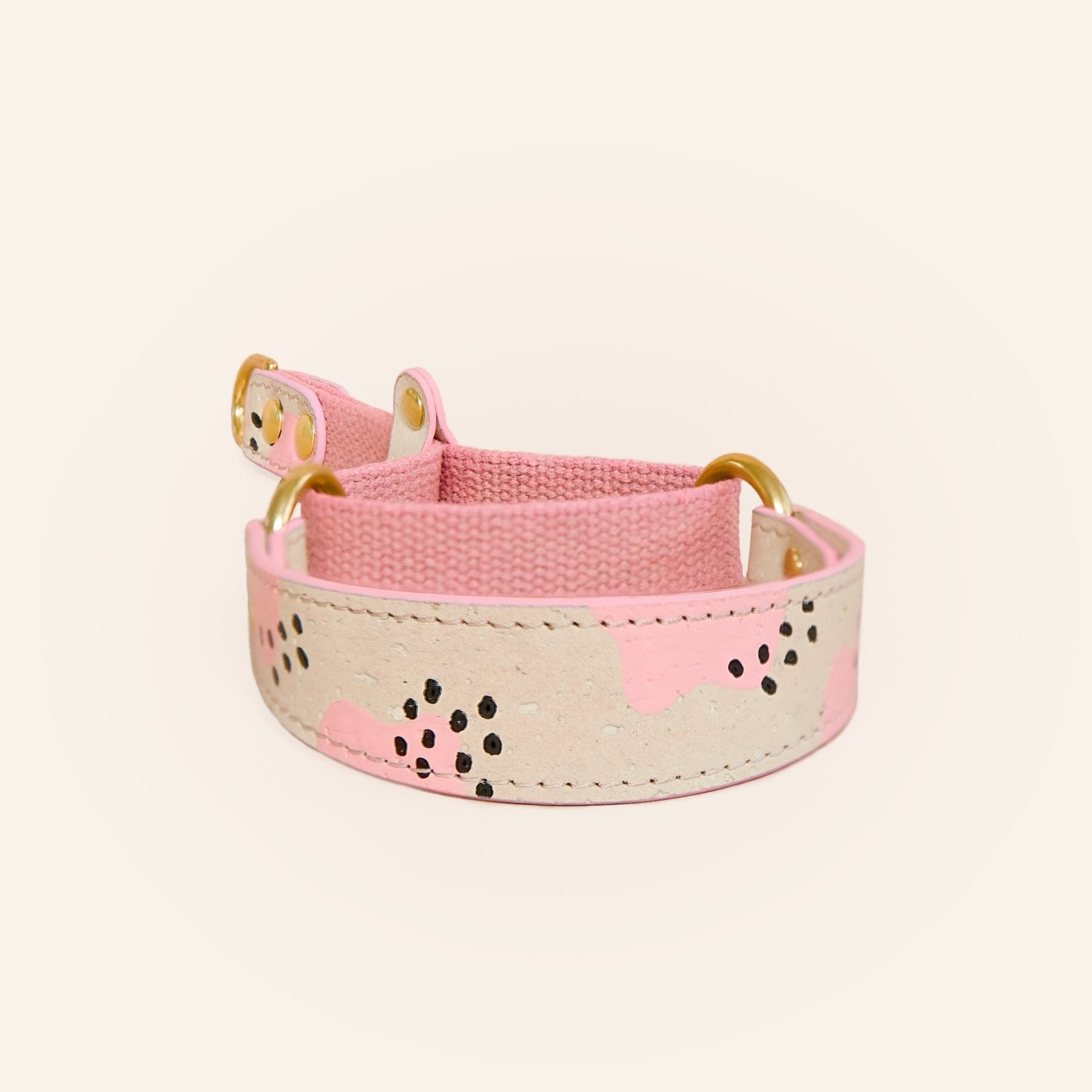 Pink dog slip collar in cream beige cork leather and organic hemp, gold brass hardware, front view.