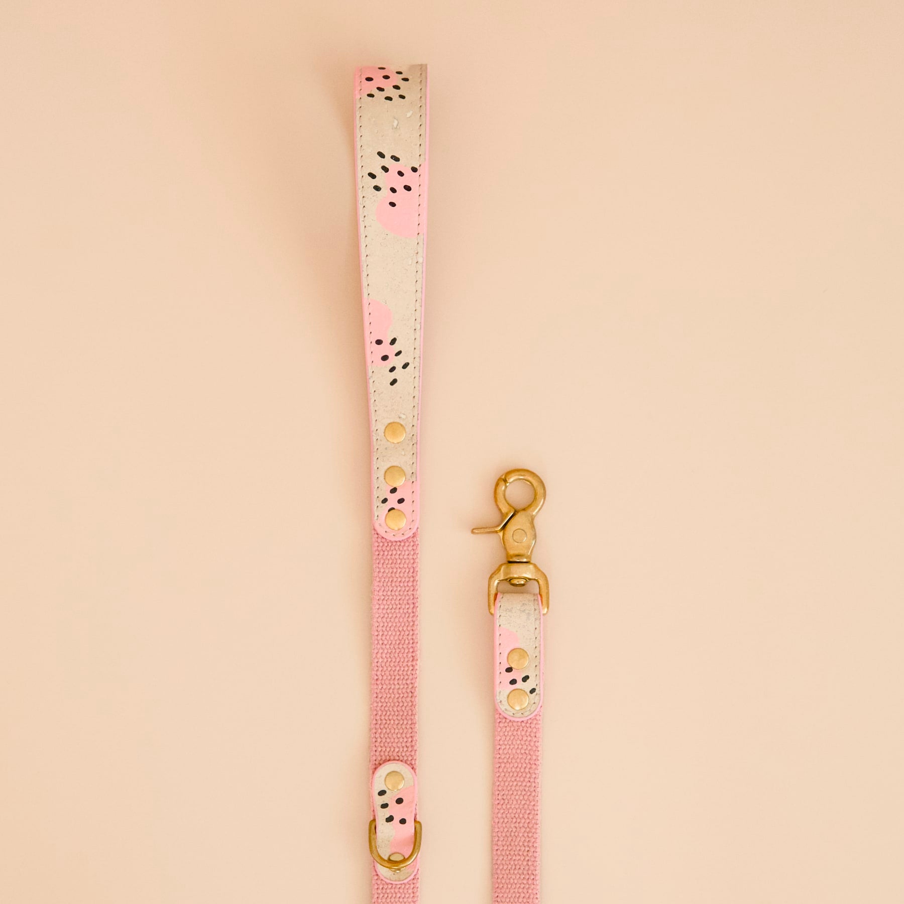 Pink cork leather and hemp dog leash with hand-painted Wild Rose design, brass hardware