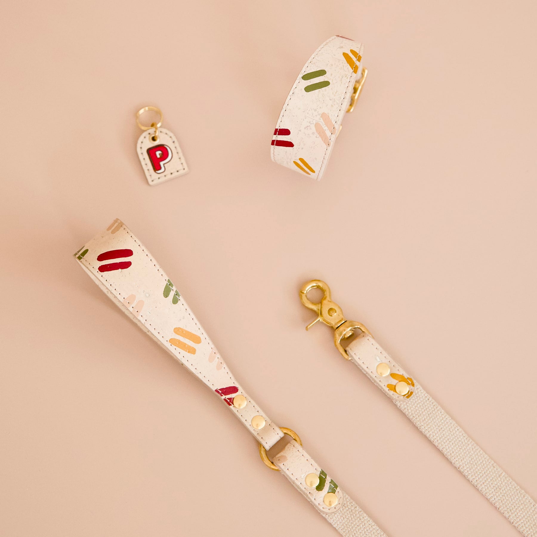 Dog leash, collar, and tag with colorful design on a beige background.