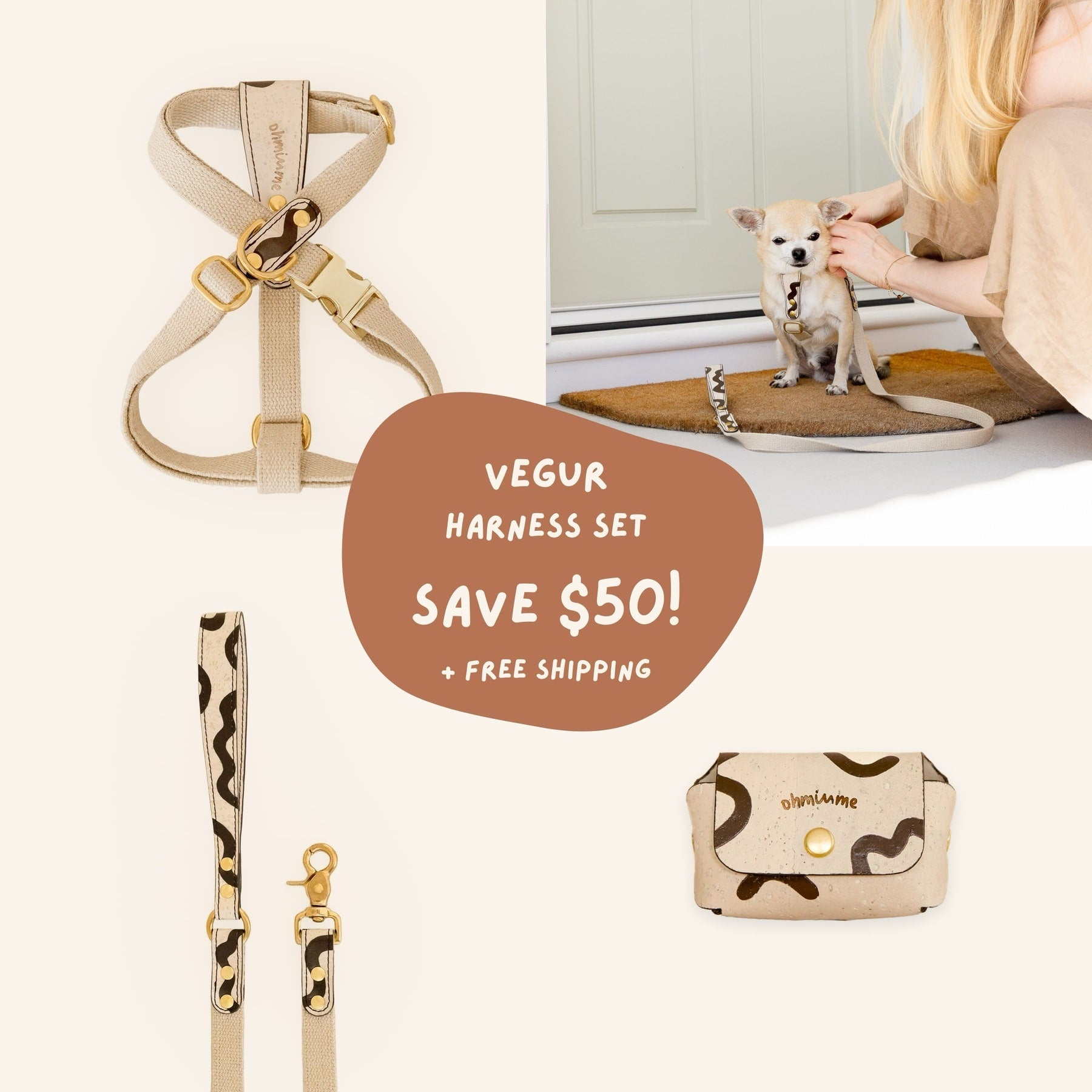 A set of dog harness, leash and poop bag holder with the promotional text 'Vegur Harness Set Save $50 + free shipping'.
