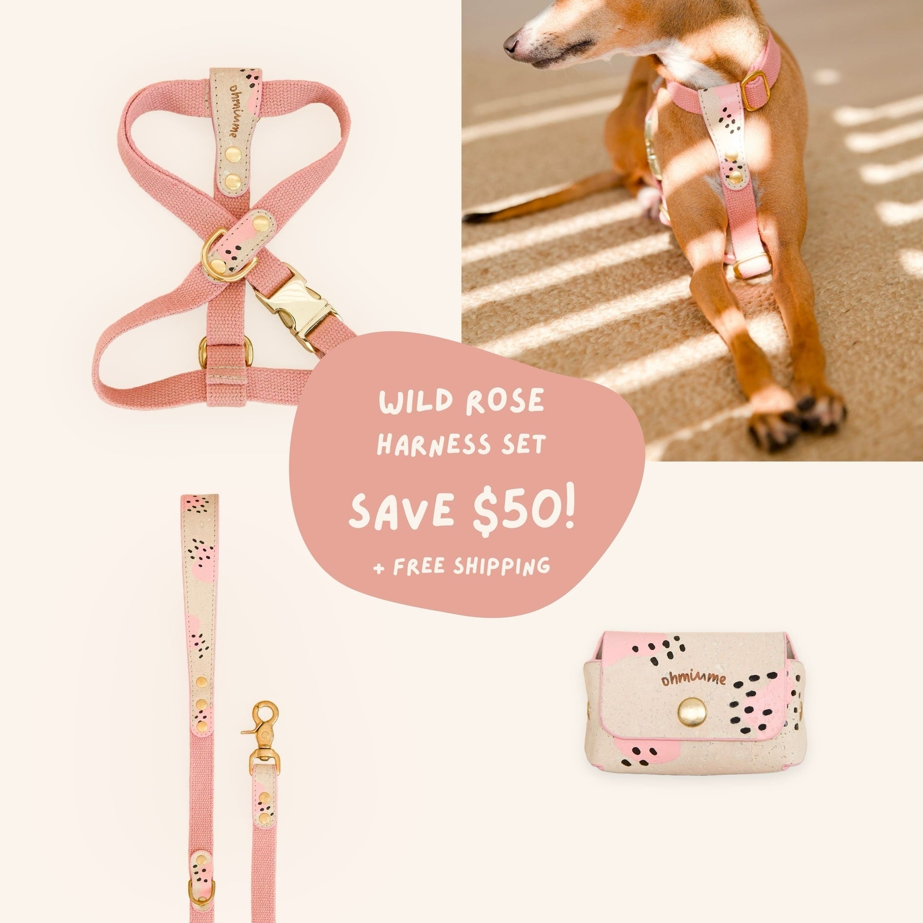 A set of pink dog harness, leash and poop bag holder with brass details, displayed alongside a dog wearing the harness. A promotional offer of 'Wild Rose Harness Set SAVE $50' is visible.