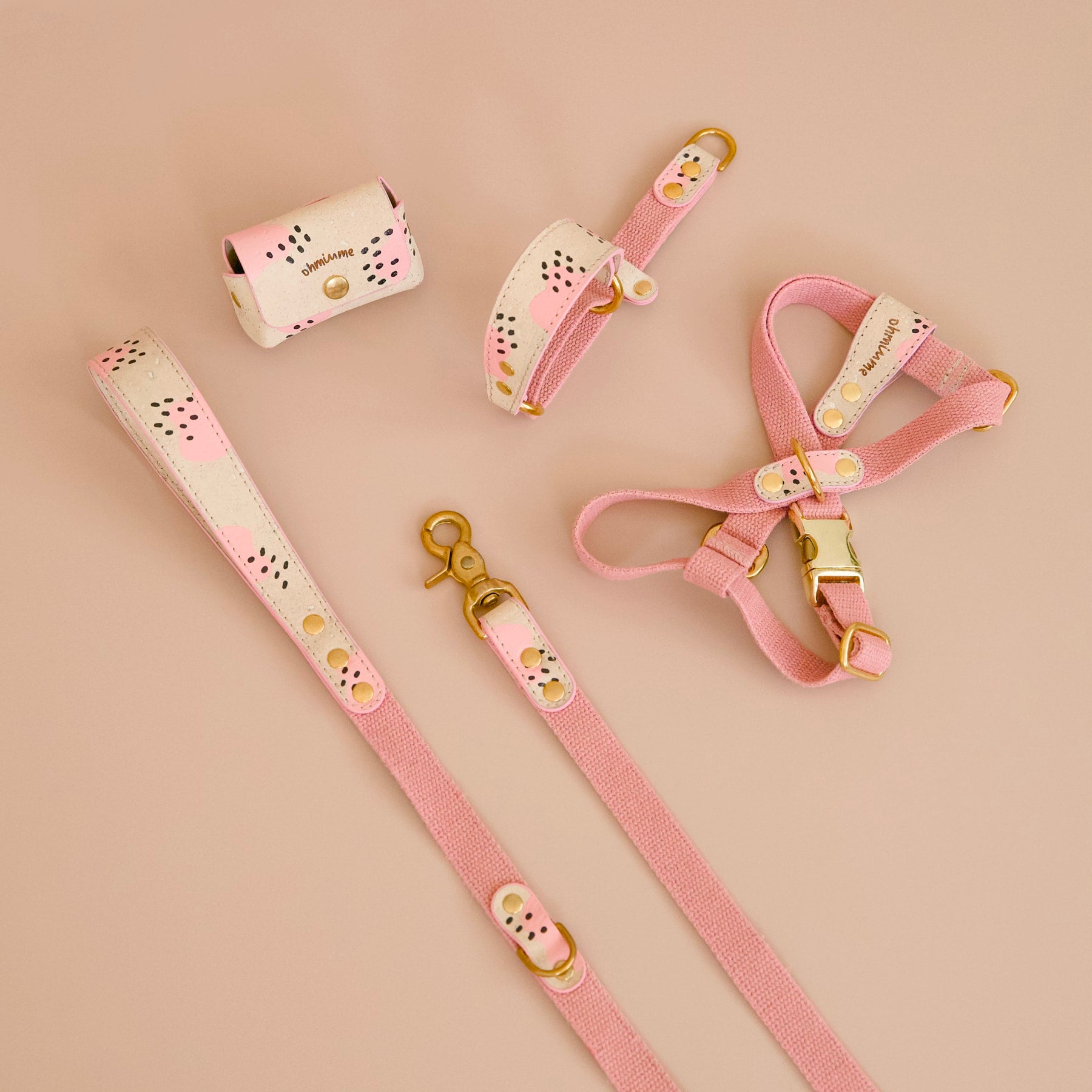Wild Rose pink dog walk set with vegan cork leather harness, leash, slip collar, and poop bag holder