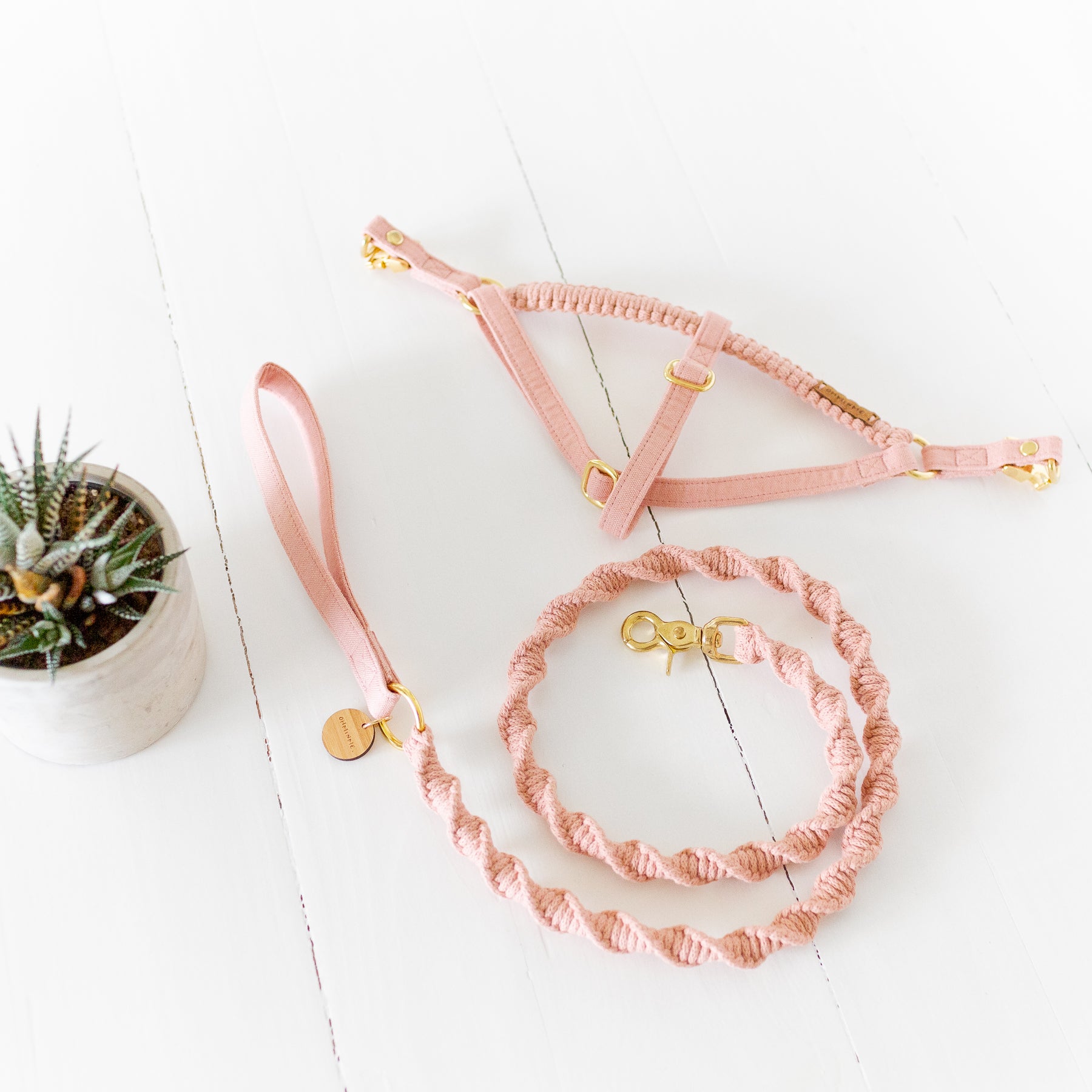 macrame dog leash and matching dog harness in pink
