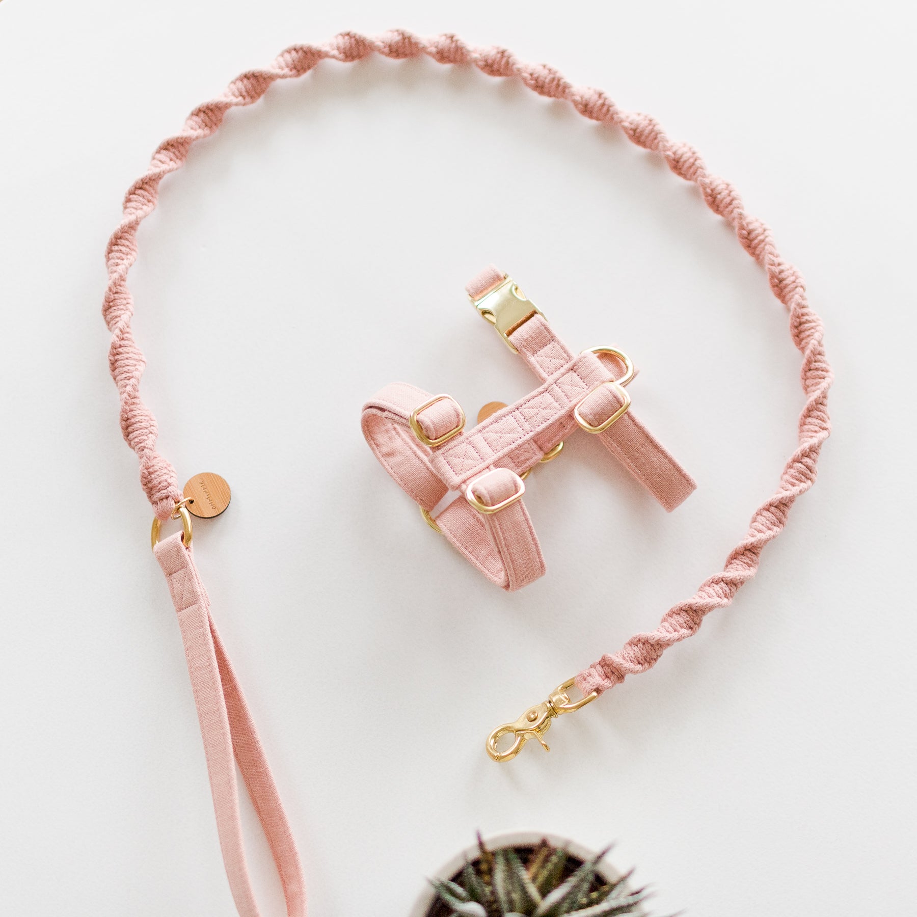macrame dog leash and matching dog harness in pink