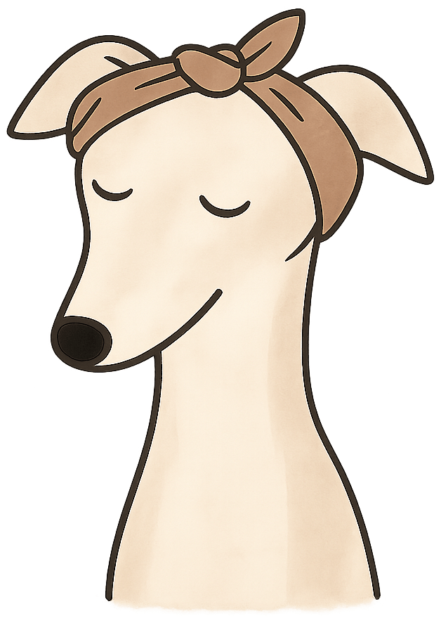 The Ohminme dog wearing a brown headscarf