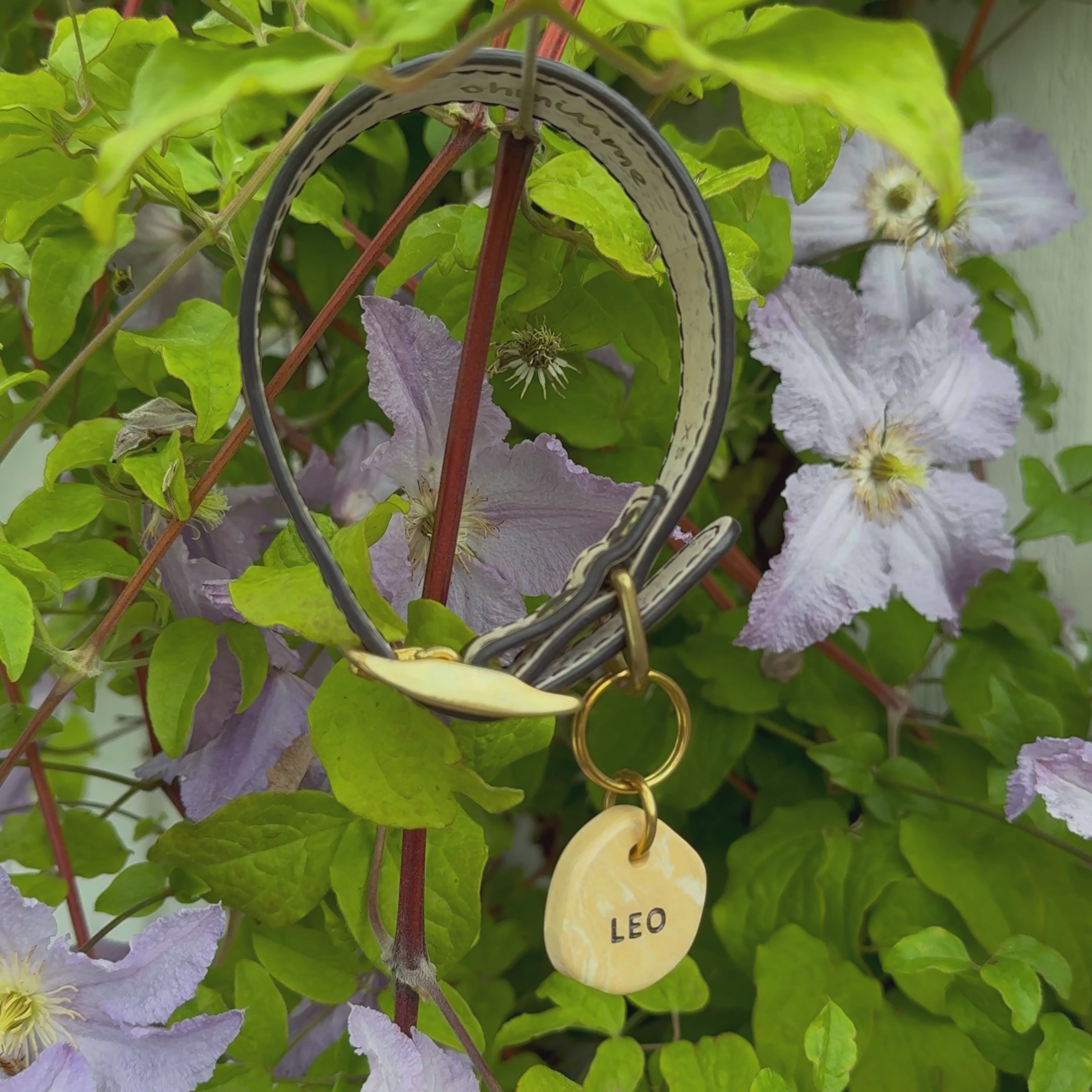 customized pet ID tag engraved with 'Leo' in travertine look on a vegan dog collar, hanging from a branch with purple flowers in the background