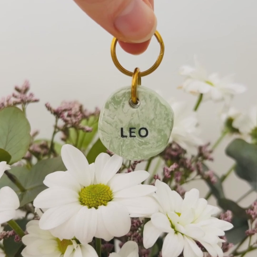 hand holding a green stone-look personalized pet ID tag engraved with 'Leo,' featuring a solid brass ring, with flowers in the background, size small