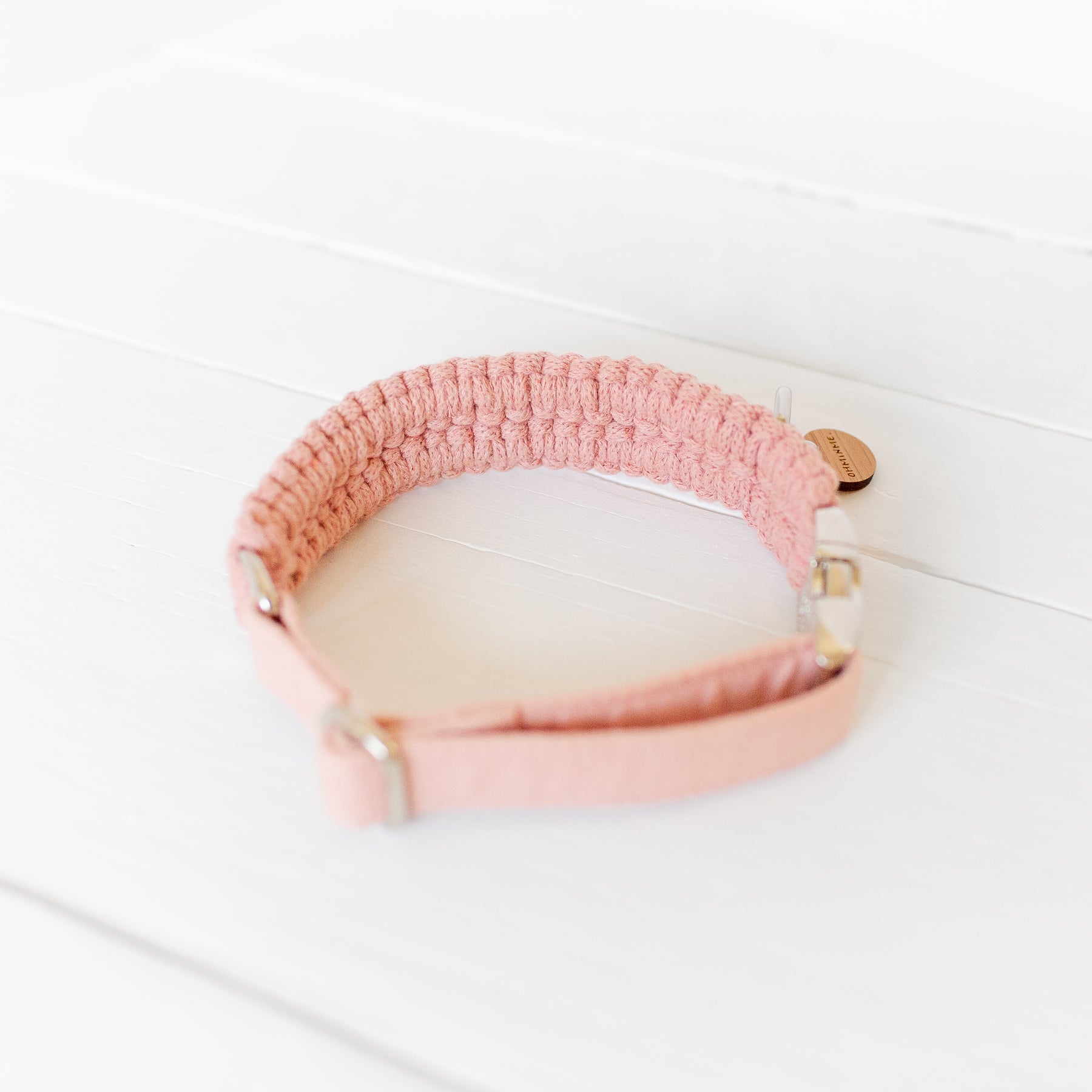 pink macrame dog collar with silver hardware